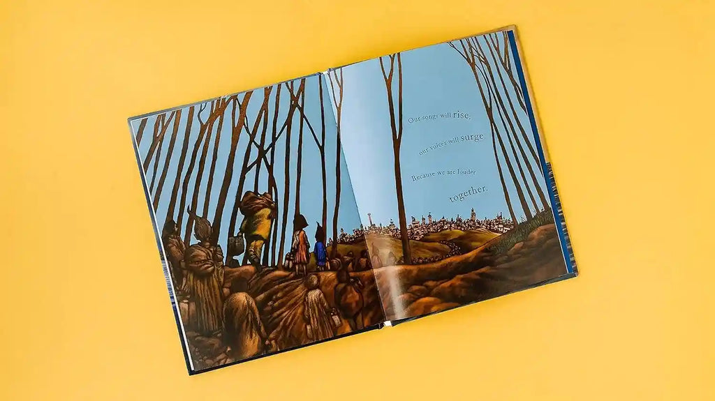 Illustrated book open to a landscape scene with people and animals on a yellow background