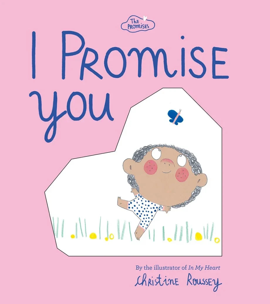 Book cover of 'I Promise You' with a pink background and illustration of a child holding a heart-shaped object.