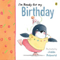 Children's book cover titled "I'm Ready for my Birthday" with an illustrated penguin wearing a party hat and scarf on a white background, plus a patterned orange side panel and a small Penguin logo.