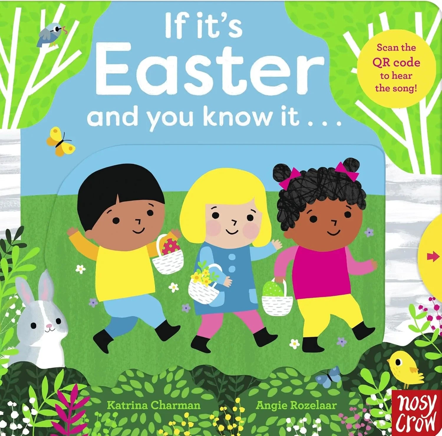 Children's book cover with three children and Easter elements on a colorful background