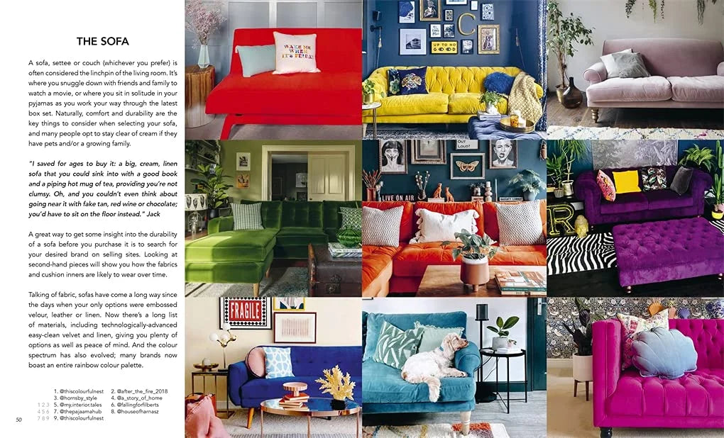 Collage of various colorful sofas in different living room settings with text.