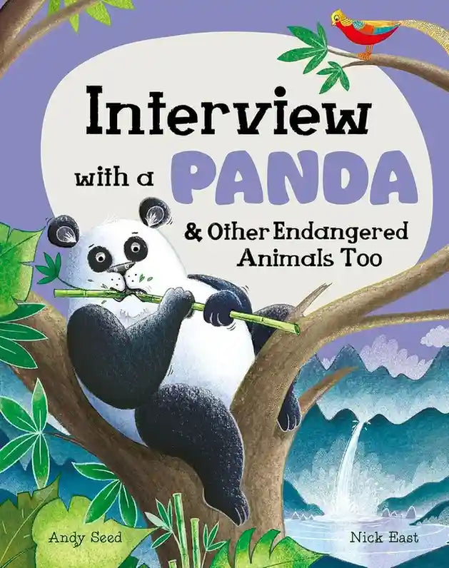 Book cover of 'Interview with a Panda & Other Endangered Animals Too' featuring a panda in a tree.