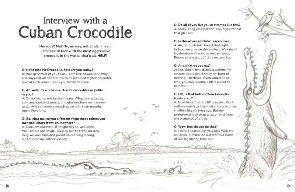 Illustrated page from a book titled 'Interview with a Cuban Crocodile' featuring text and a crocodile illustration.