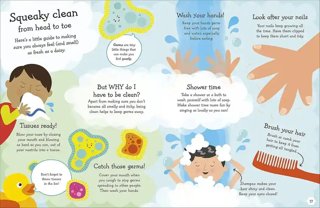 Children's book page about hygiene with illustrations and text.