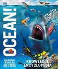 Book cover of 'OCEAN!' knowledge encyclopedia with underwater scene and shark.