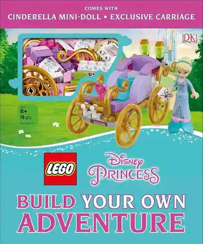 LEGO Princess build-your-own adventure set with Cinderella mini-doll and exclusive carriage on a blue background.