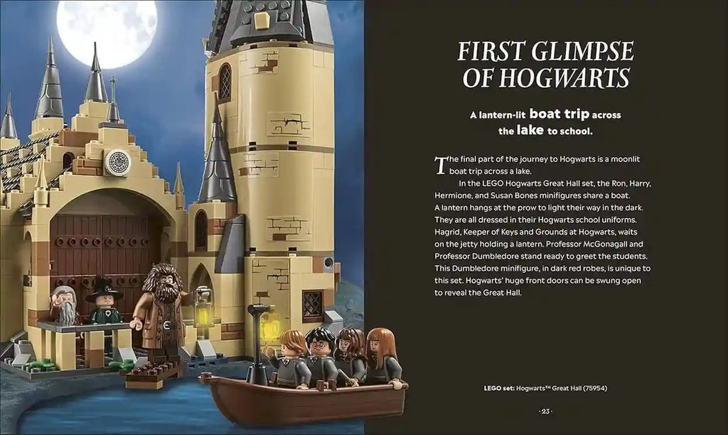 LEGO Hogwarts set with students on a boat trip, moonlit sky, and descriptive text.