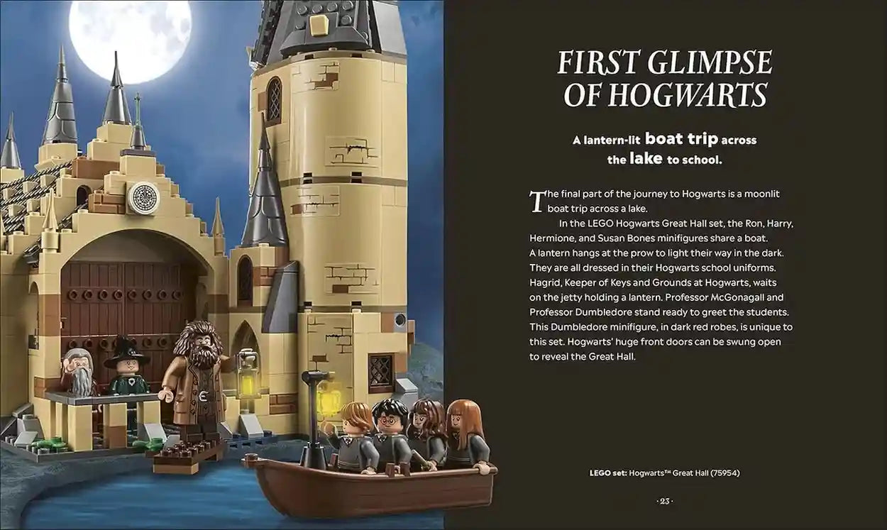 LEGO Hogwarts set with students on a boat trip, moonlit sky, and descriptive text.