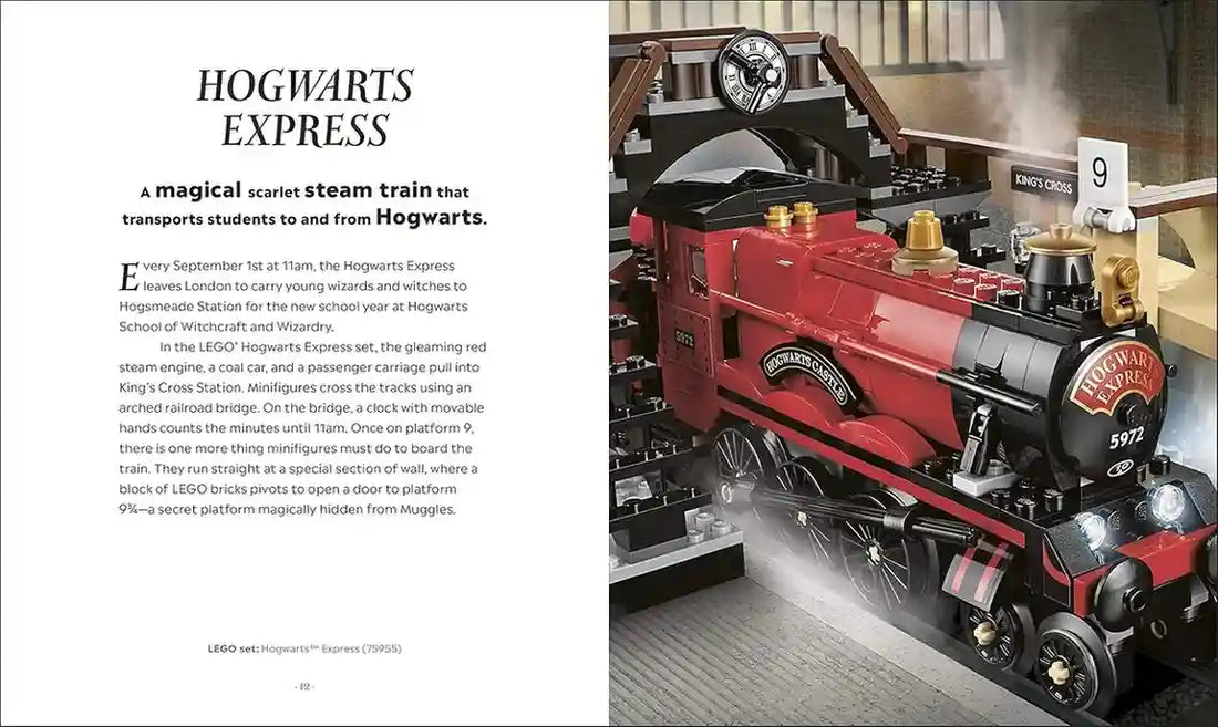 LEGO Hogwarts Express train set with text description on a magazine page.