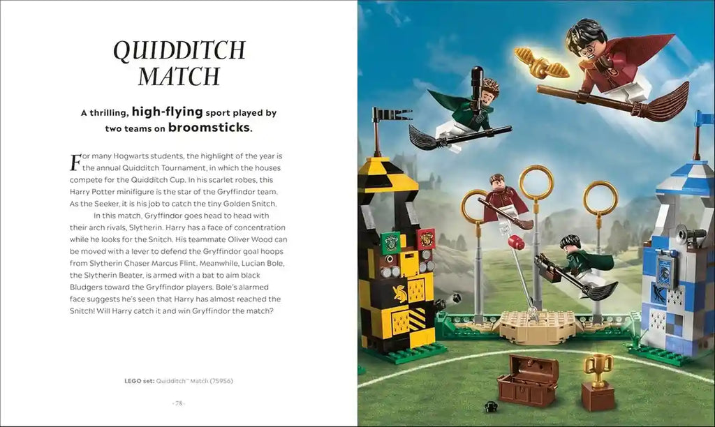 LEGO Harry Potter Quidditch match set with characters on broomsticks and text about the sport.