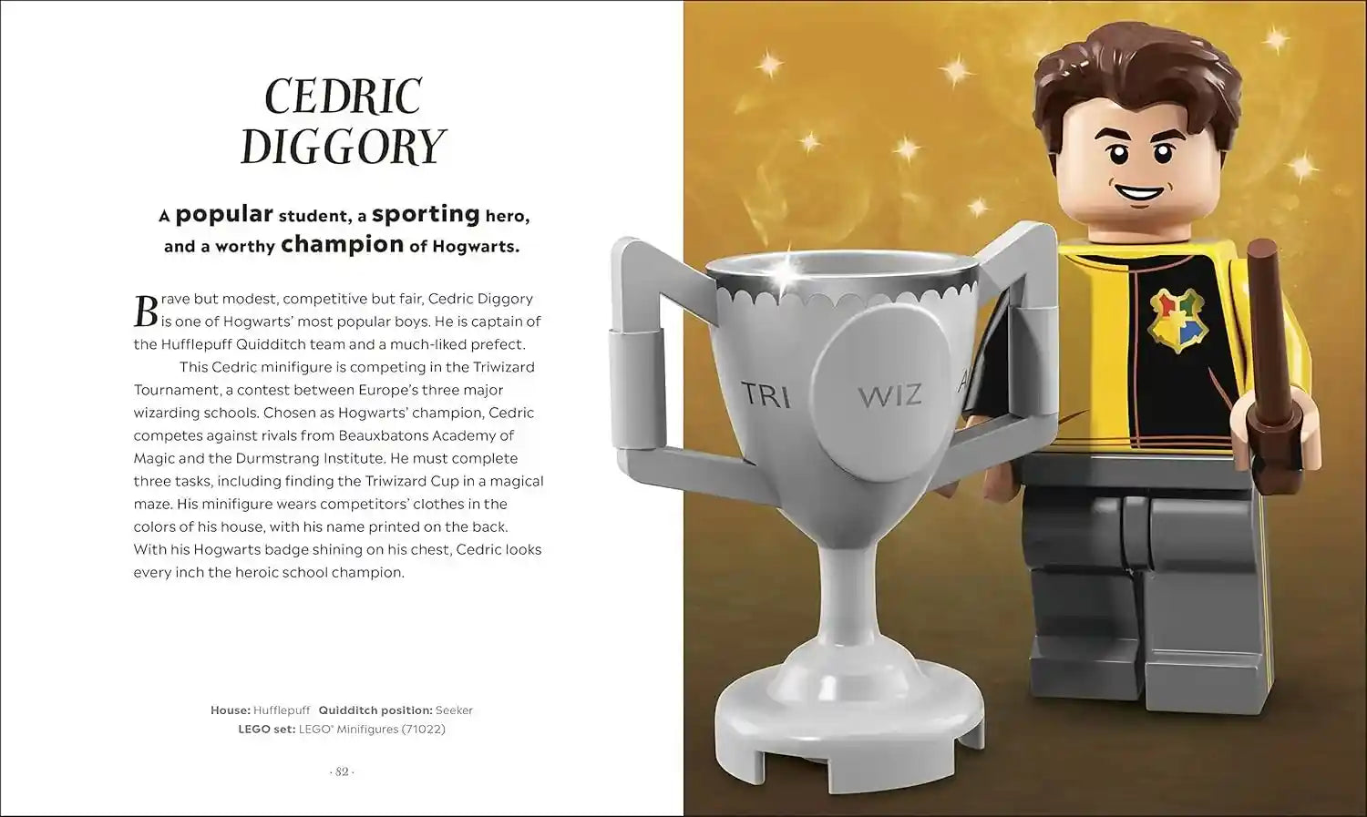 LEGO figure of Cedric Diggory holding a trophy with descriptive text about him.