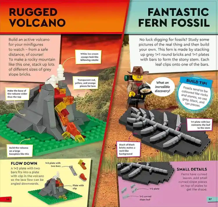 Two educational pages on building a volcano and a fern fossil using building blocks.