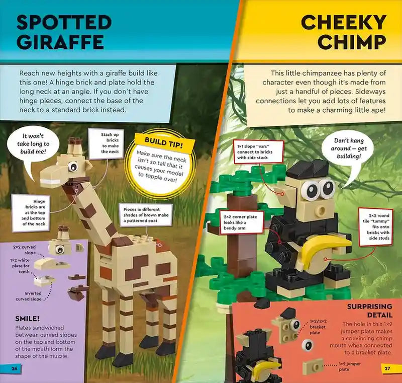 Two animal-themed building sets with instructions and diagrams on a green background.