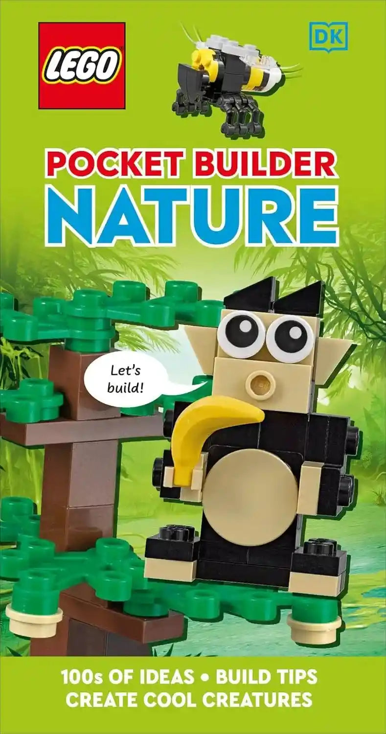 LEGO Pocket Builder Nature book cover with a bee and monkey figure on a green background