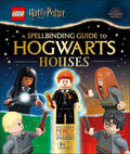 Front cover of the LEGO Harry Potter A Spellbinding Guide to Hogwarts Houses book, featuring LEGO minifigures of Percy Weasley, Harry Potter, Ron Weasley, and Hermione Granger on a dark blue starry background with large gold title text.