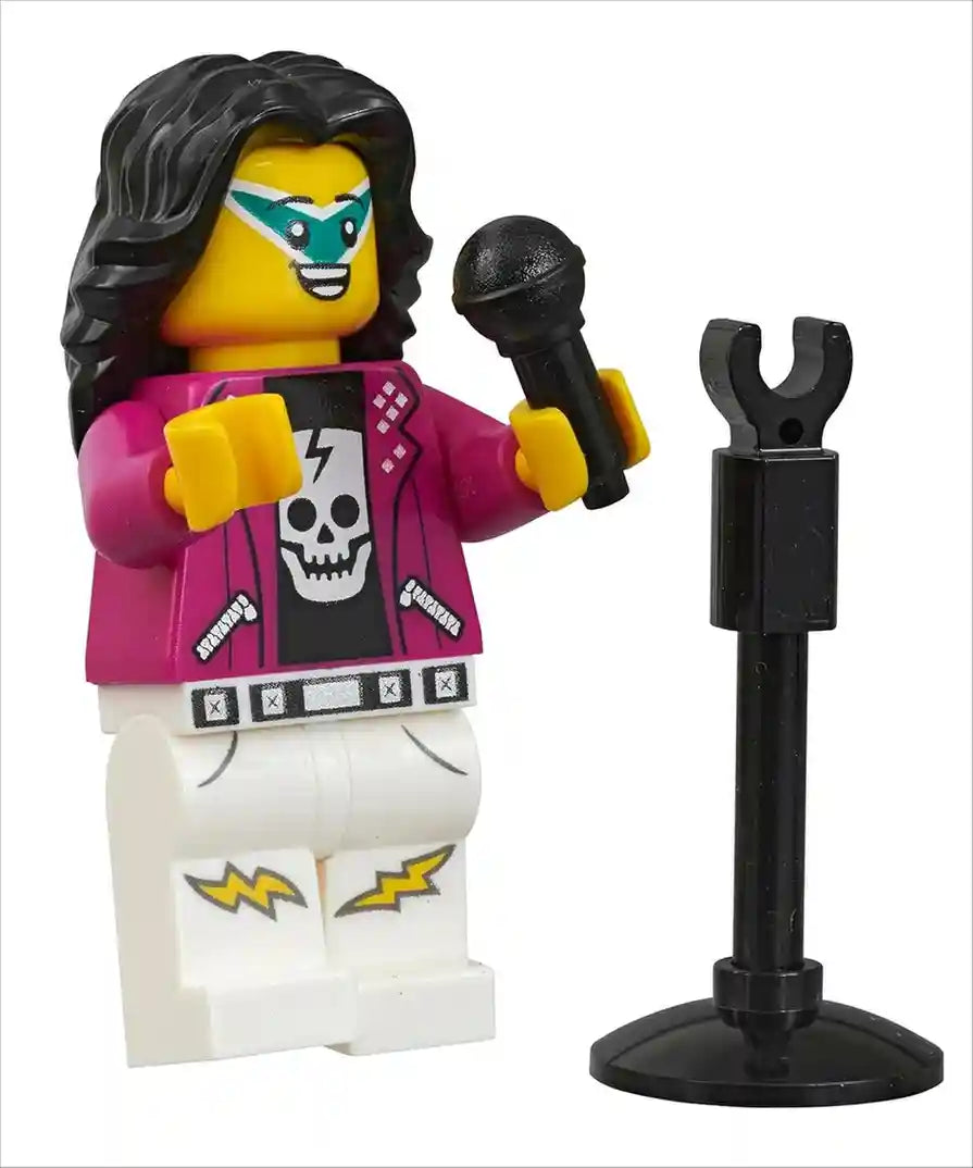 LEGO figure with a microphone and stand on a white background