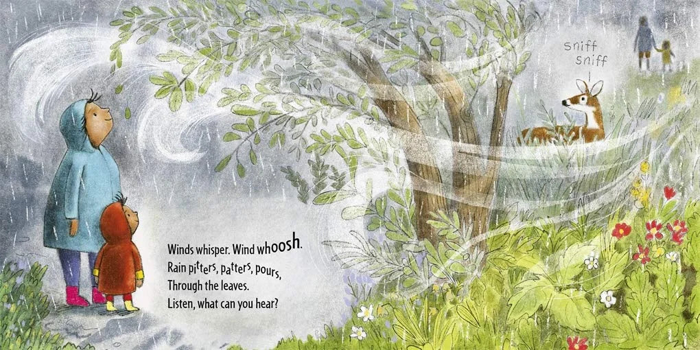 Illustration of two children in raincoats listening to nature sounds with a deer in the background.