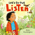 Book cover of 'Let's Go Out Listen' with a child in a garden and animals.