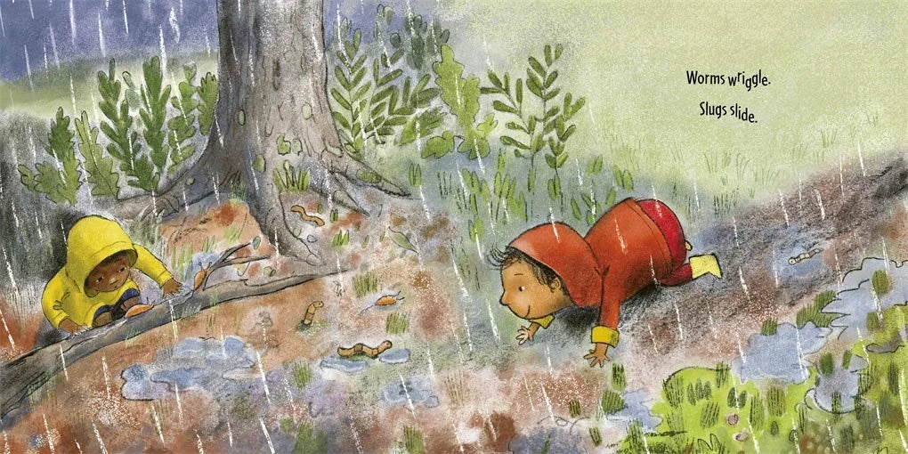 Illustration of two children in raincoats playing in a forest during rain.