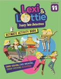Activity book cover featuring Lexi and Lottie, twin detectives, with colorful illustrations on a green background.