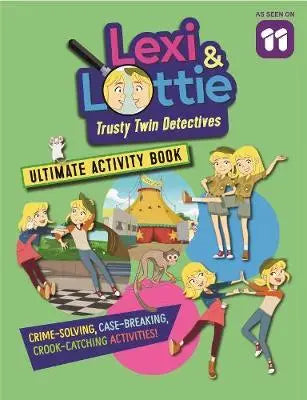 Activity book cover featuring Lexi and Lottie, twin detectives, with colorful illustrations on a green background.
