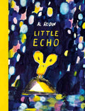Book cover for 'Little Echo' by Al Rodin, featuring a whimsical painting of a small yellow rabbit standing on a hill under a dark, starry night sky with colorful painted dots.