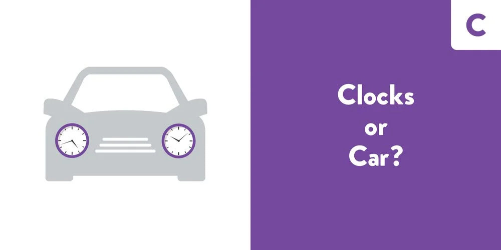 Car icon with clock faces on a purple background and text 'Clocks or Car?'