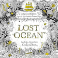 Front cover of the coloring book 'Lost Ocean' by Johanna Basford, featuring an intricate black and white sea creature illustration border with small yellow accents and the title in large textured letters.