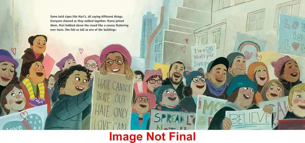 Illustration of a diverse group of people holding signs with messages of love and unity in an urban setting.