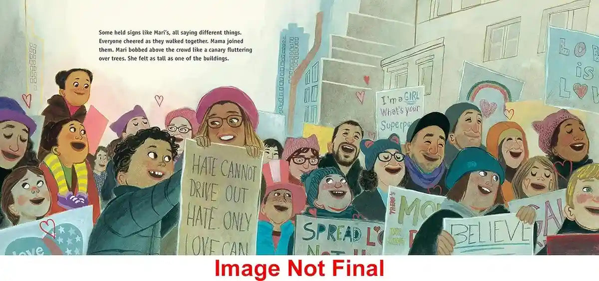 Illustration of a diverse group of people holding signs with messages of love and unity in an urban setting.