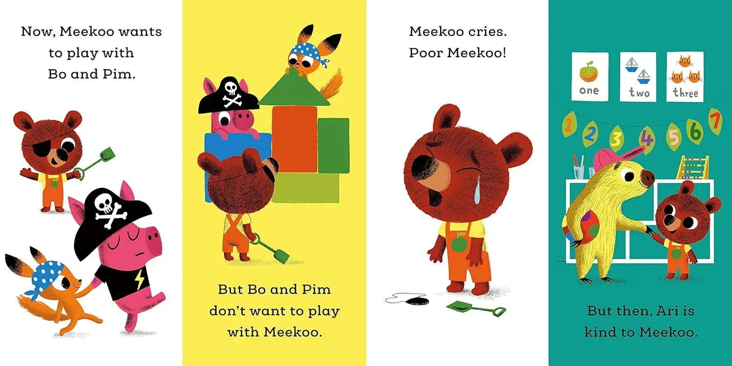 Illustrations from a children's book showing characters playing and interacting with each other.