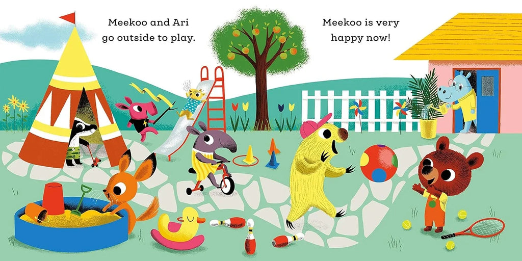 Illustrated children's book page with animals playing outside.