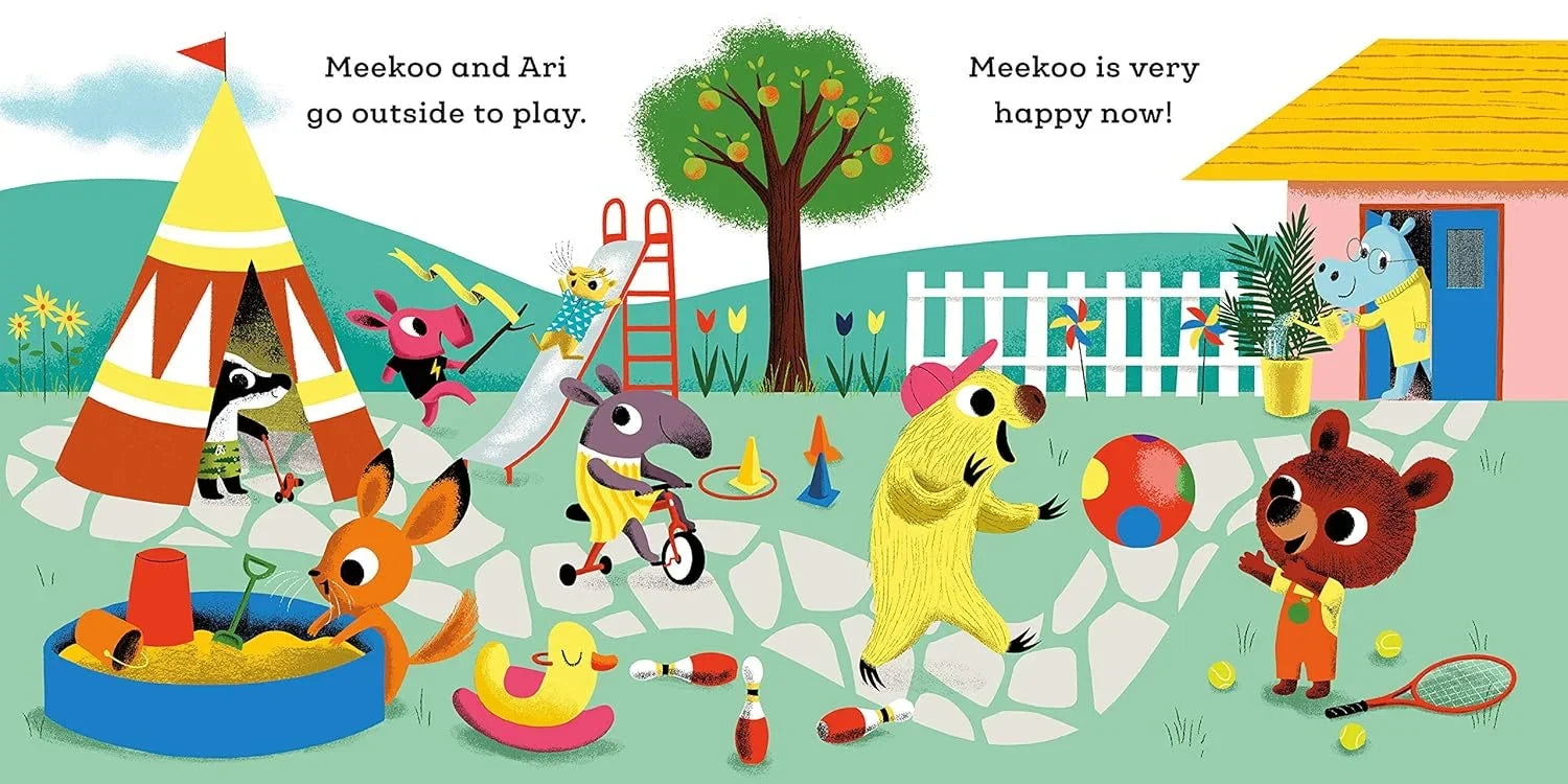 Illustrated children's book page with animals playing outside.