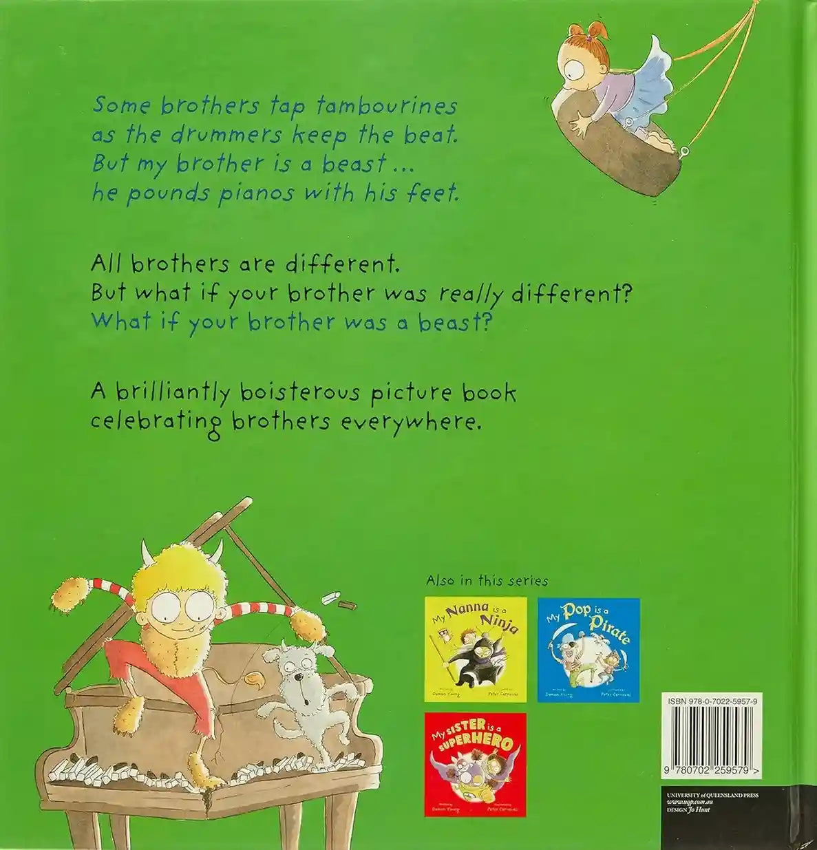 Book back cover with illustrations and text on a green background