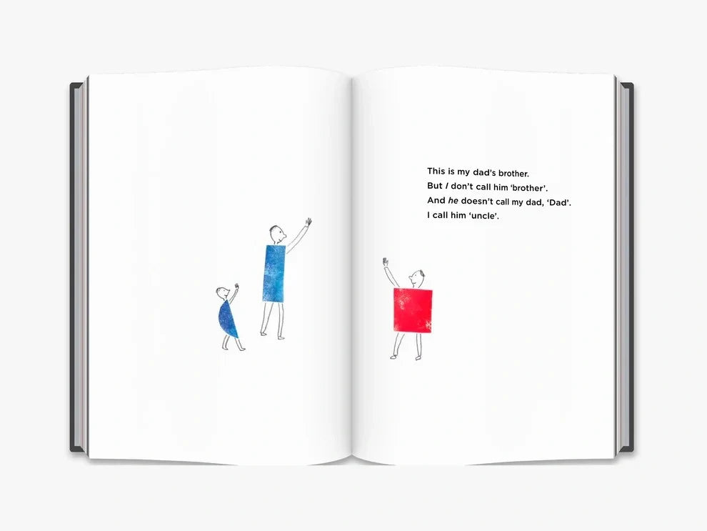 Open book with illustrations of people and text on a white background