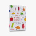 Book titled 'My Dad is My Uncle's Brother' with colorful illustrations on a white background