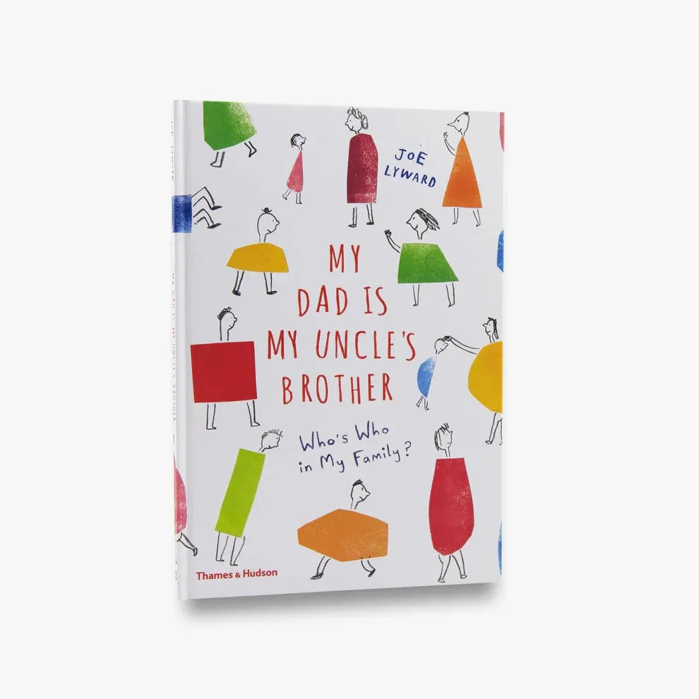 Book titled 'My Dad is My Uncle's Brother' with colorful illustrations on a white background