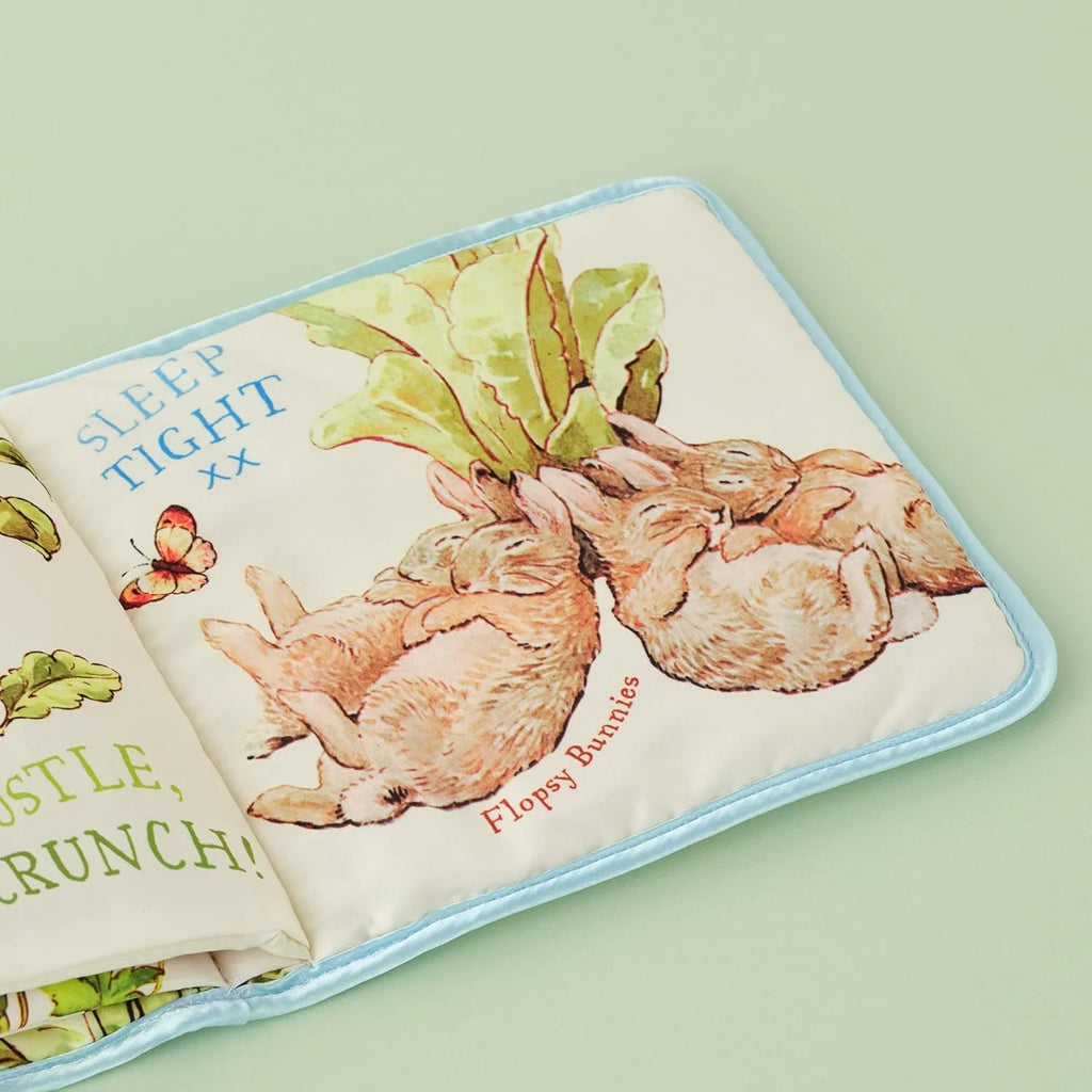 Children's book with illustrations of bunnies and text on a light green background