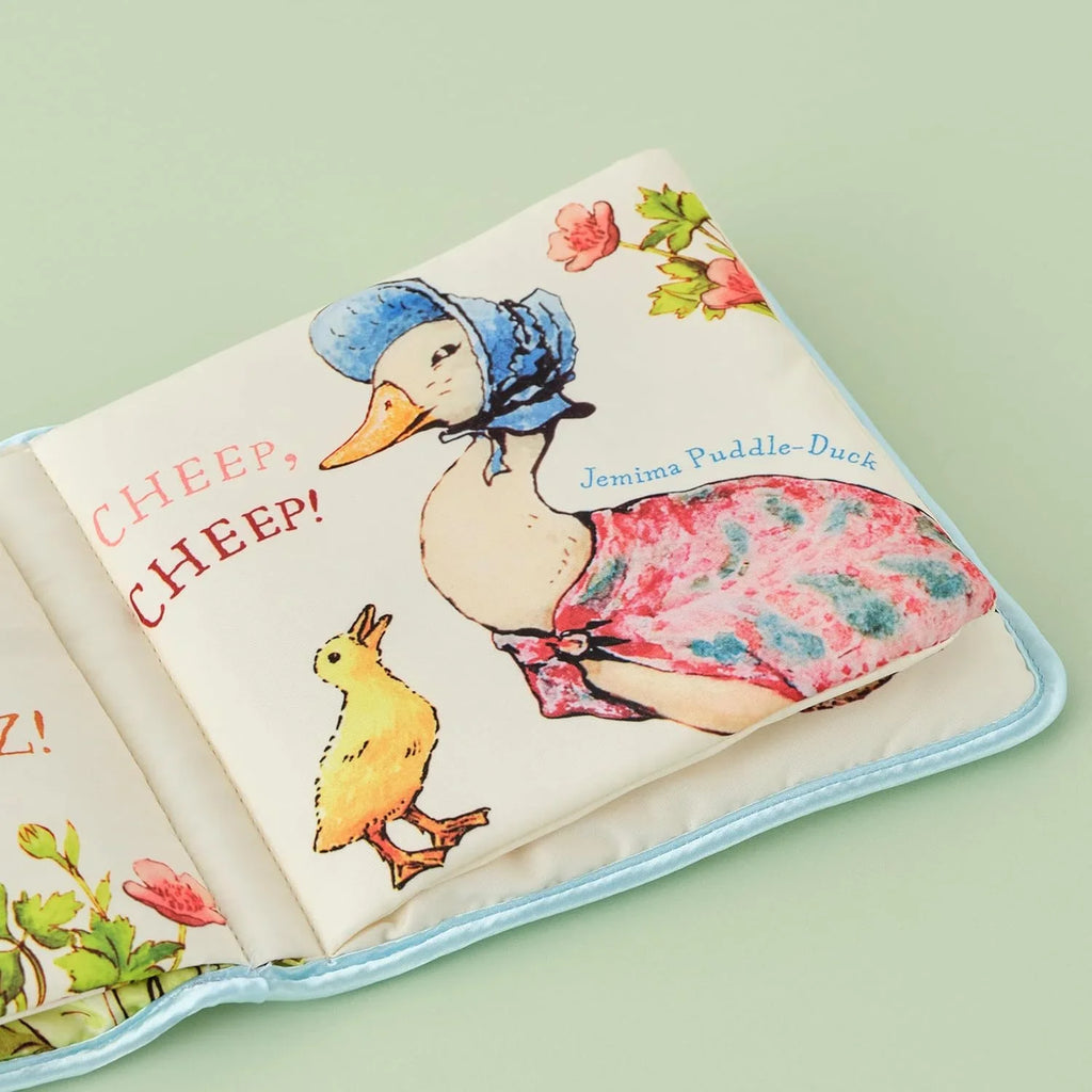 Children's book with a duck illustration on a light green background