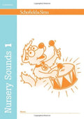 Book cover of 'Nursery Sounds 1' by Schofield & Sims with a cartoon dog playing drums.