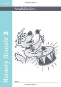 Book cover of 'Nursery Sounds 2' by Schofield & Sims with a cartoon dog playing drums on a white background.