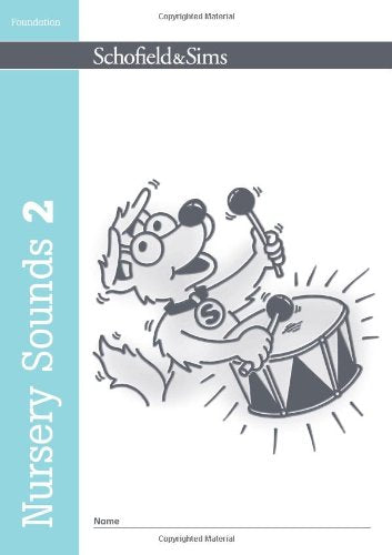 Book cover of 'Nursery Sounds 2' by Schofield & Sims with a cartoon dog playing drums on a white background.