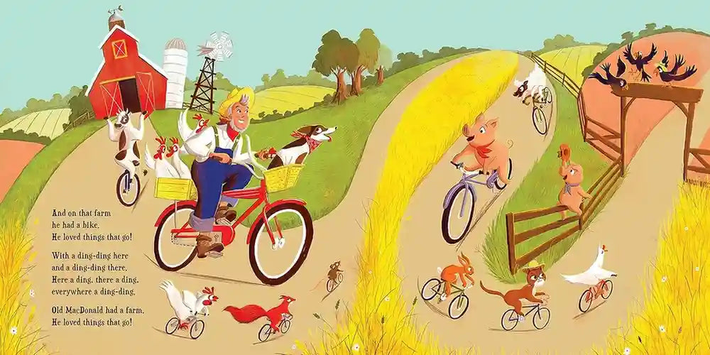 Cartoon illustration of children riding bicycles on a yellow path with a red barn in the background.