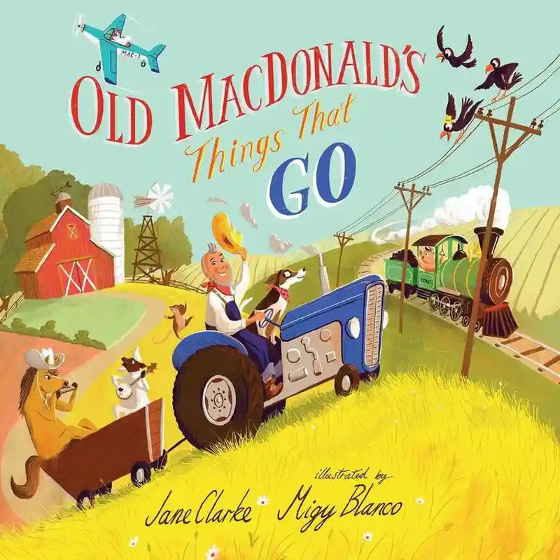 Book cover of 'Old MacDonald's Things That Go' with farm animals and vehicles.