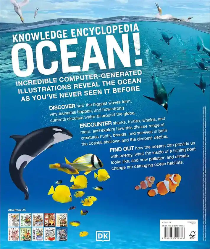 Back cover of a book titled 'Knowledge Encyclopedia Ocean' with illustrations of ocean life and text.