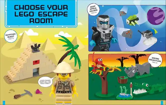 Promotional graphic for LEGO Escape Room with various scenes and characters.