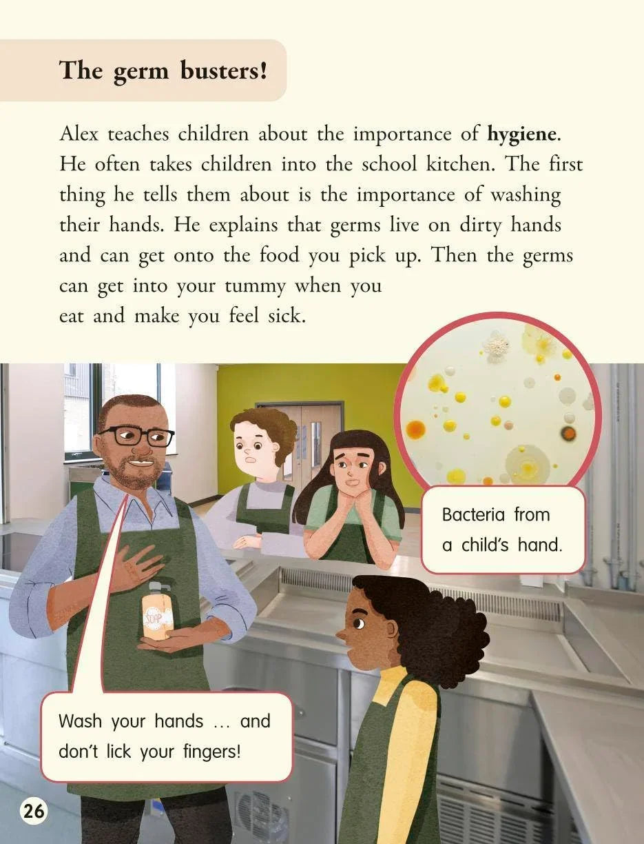 Illustration from a book showing a teacher teaching children about hygiene in a school kitchen.