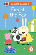Peppa Pig 'Fun at the Fair' children's book cover, featuring Peppa, Grandpa Pig, and a panda at a fair with balloons and a green tent under a blue sky.