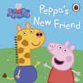 Book cover of 'Peppa's New Friend' featuring Peppa Pig and a giraffe.
