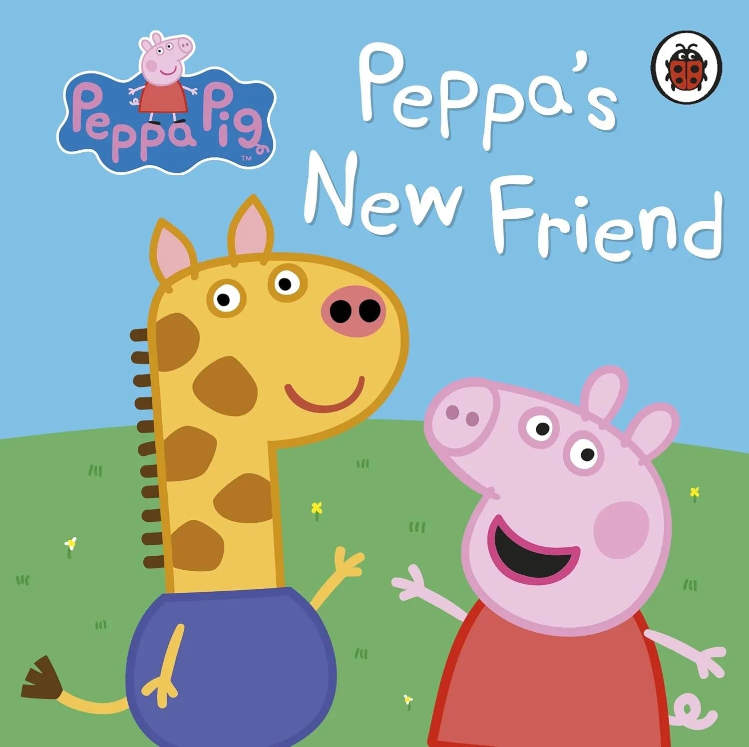 Book cover of 'Peppa's New Friend' featuring Peppa Pig and a giraffe.